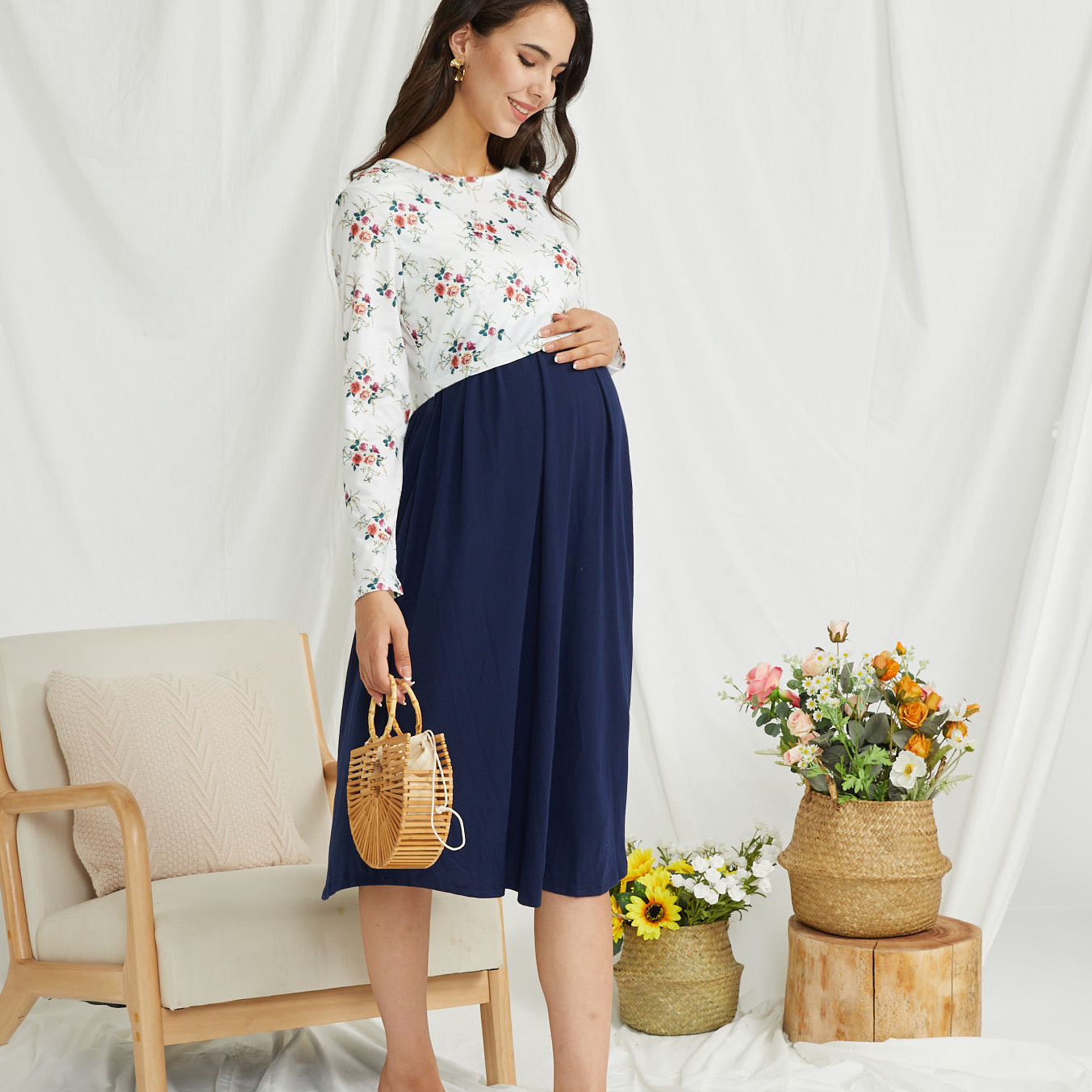 contrast color floral long-sleeved round neck mid-length dress maternity clothes NSGTY127534