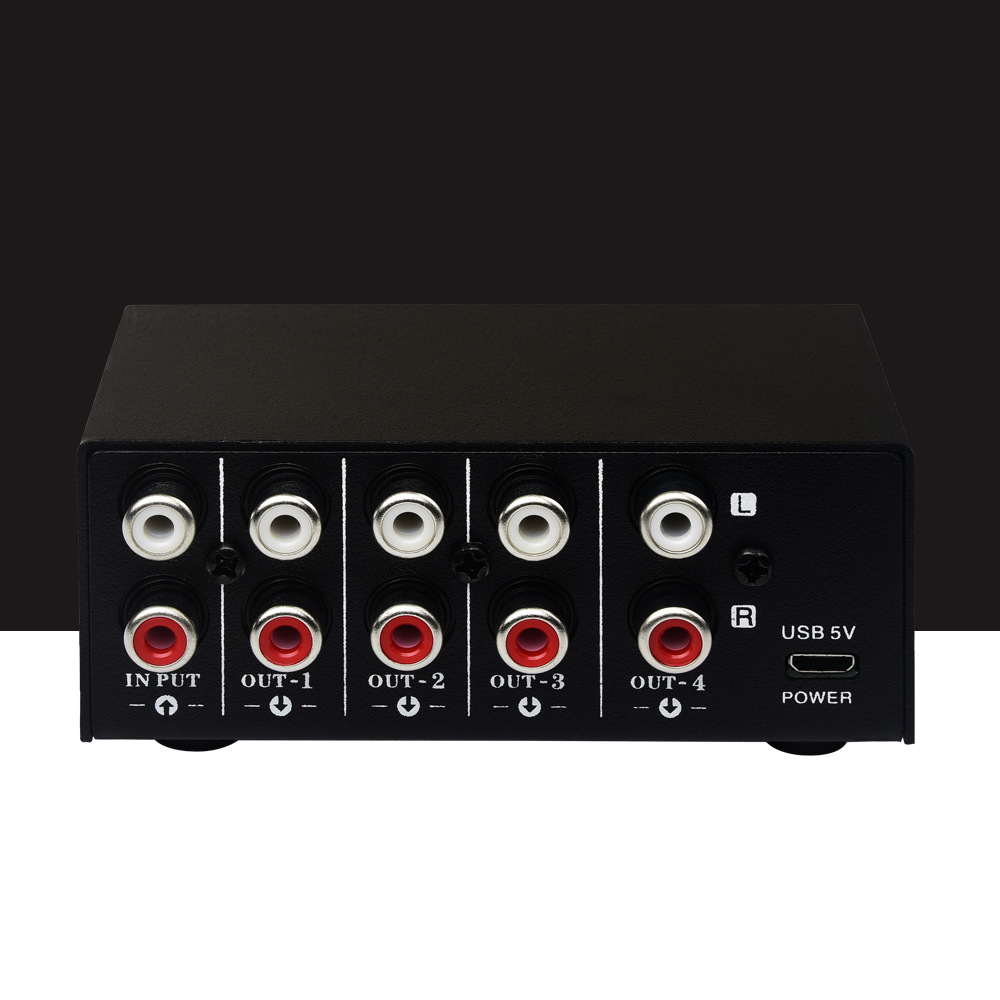 Mini 1 en 4 audio estéreo distribuidor de señal USB5V fuente alimentación sin pérdida salida RCA interfaz