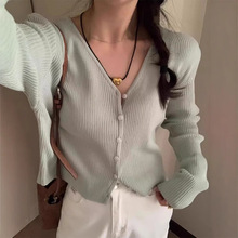 现货 纯色螺纹V领单排扣弹力针织衫春秋女百搭韩系设计师款薄外套