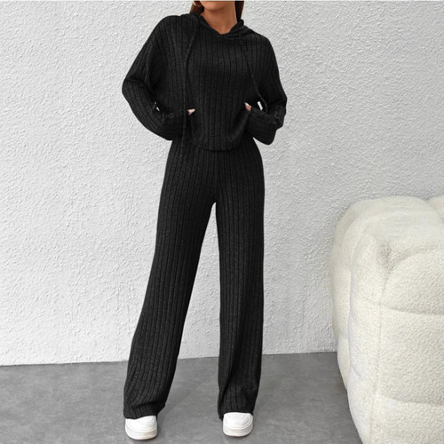 European and American Autumn/Winter Casual Knitted Long-Sleeved Set: Women's Hoodie with Drawstring and Loose-Fitting Pants—Two-Piece Set