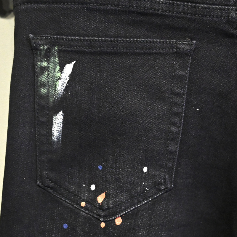 Men's Clothing Men's Street Style Ripped Jeans Distressed Black Gray Washed Paint Print Slim Fit Skinny Jeans_mkmklike.com