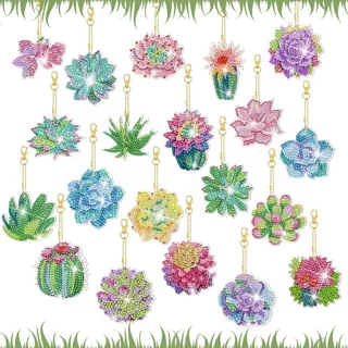 跨镜新品 20件钻石画亚克力材质钥匙扣双面DIY 全钻多肉植物款
