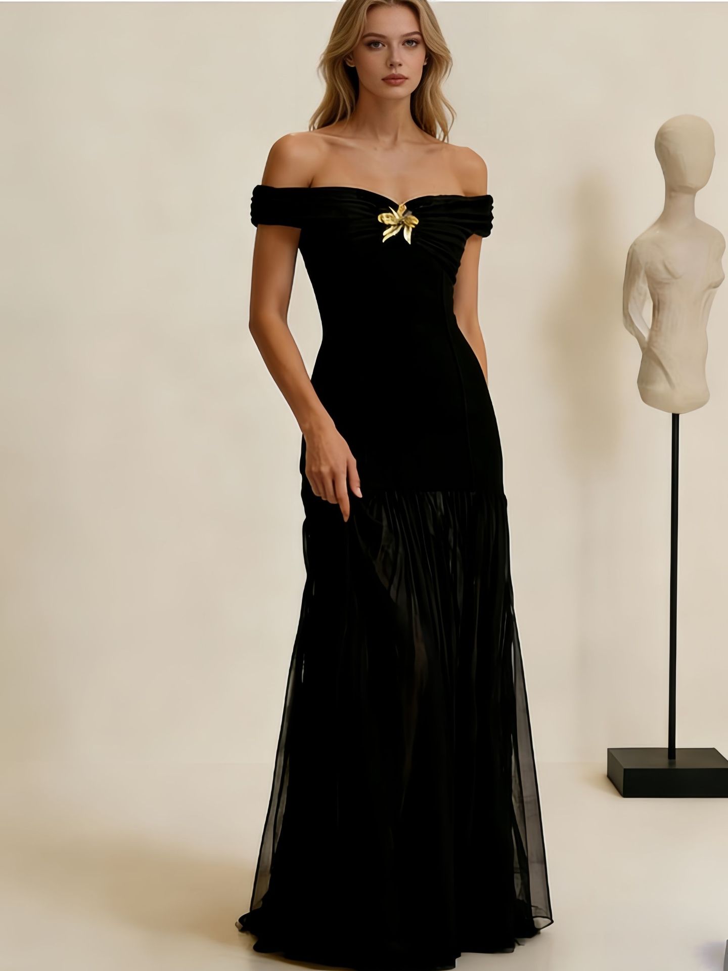 Women's Elegant Off Shoulder Backless Mesh Panel Flowy Maxi Dress – Sexy Summer Gown 2026_ecoleips.com