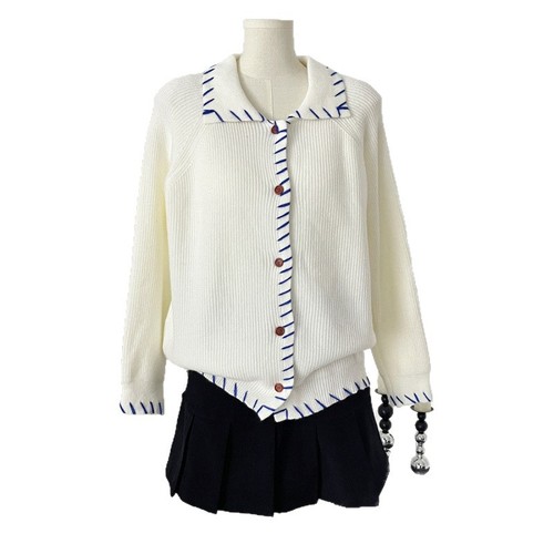 YUNSHU Korean Version Hand-Painted Color Block Sewn Collar Knit Sweater Cardigan for 2025 Autumn-Iceland Blue Loose Minimalist Style