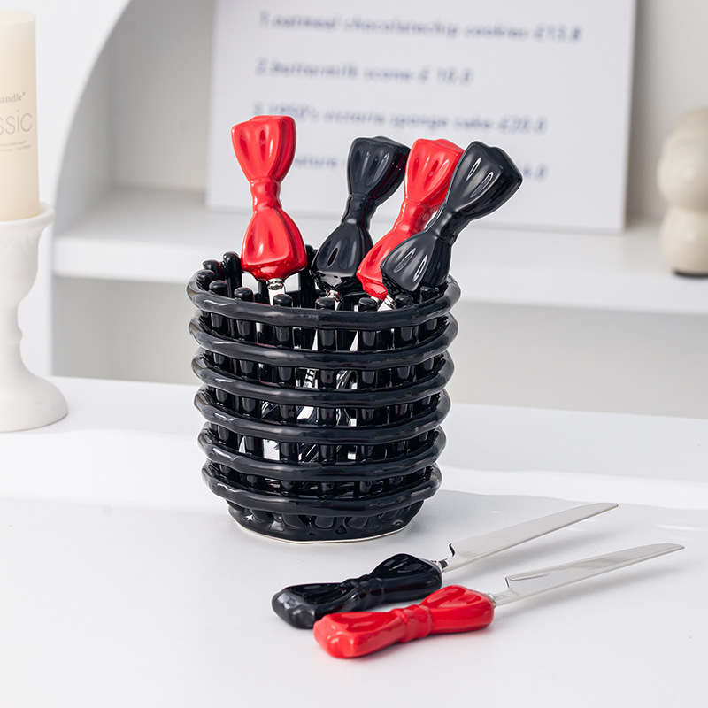 Ins Style Large Bowknot Creative Ceramic Handle 304 Stainless Steel Knife High Appearance Fork Dessert Spoon_voghion.com