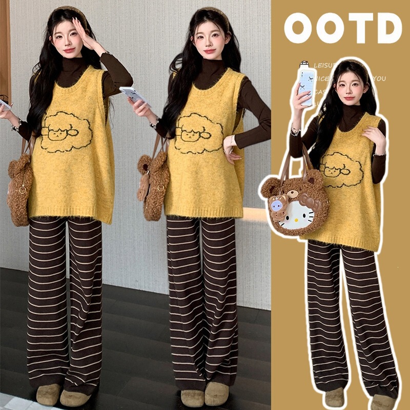 Cat Single [Mei Mei Warm Sun] [Wool] Maternity Wear Autumn New Korean Style Inner Vest and Pants Three-Piece Set