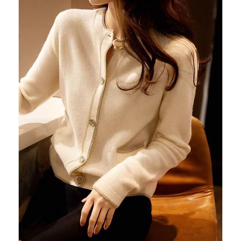 Ready-Made Manufacturer Clearance Heavy Industry Contrasting Color Embellishmentquan Cashmere Knitted Cardigan Low Round Neck Single Breasted Long Sleeves Ready-Made Manufacturer Clearance Heavy Industry Contrasting Color Embellishmentquan Cashmere Knitted Cardigan Low Round Neck Single Breasted Long Sleeves