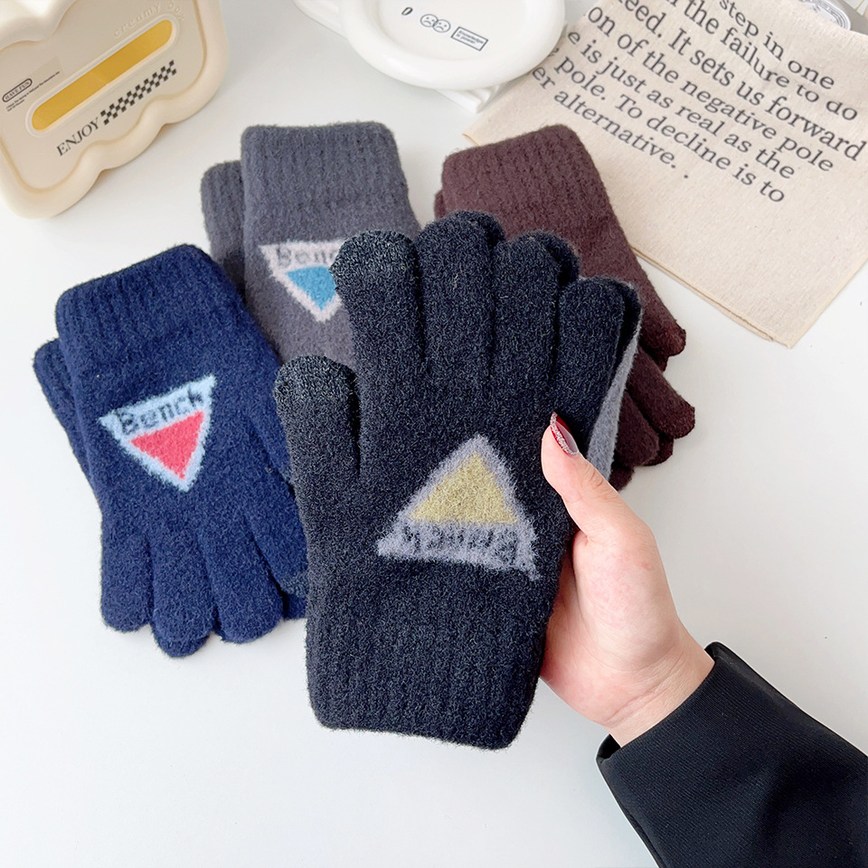 跨境成人针织男士保暖手套冬季防寒加厚商务户外骑行开车触屏分指