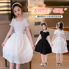 女孩夏季露腰小心機連衣裙2023新款韓版中大童時髦法式純色公主裙