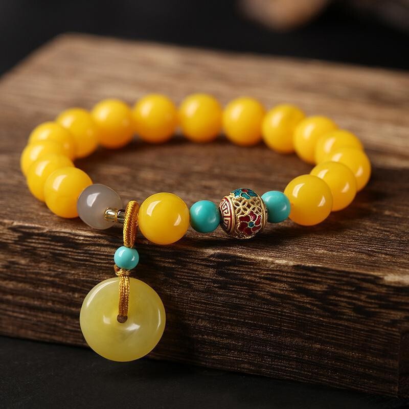 New Internet-famous Beeswax Chicken Yellow Single Circle Red Agate Safe Buckle Bracelet Retro New Chinese Artistic Girlfriend Gift