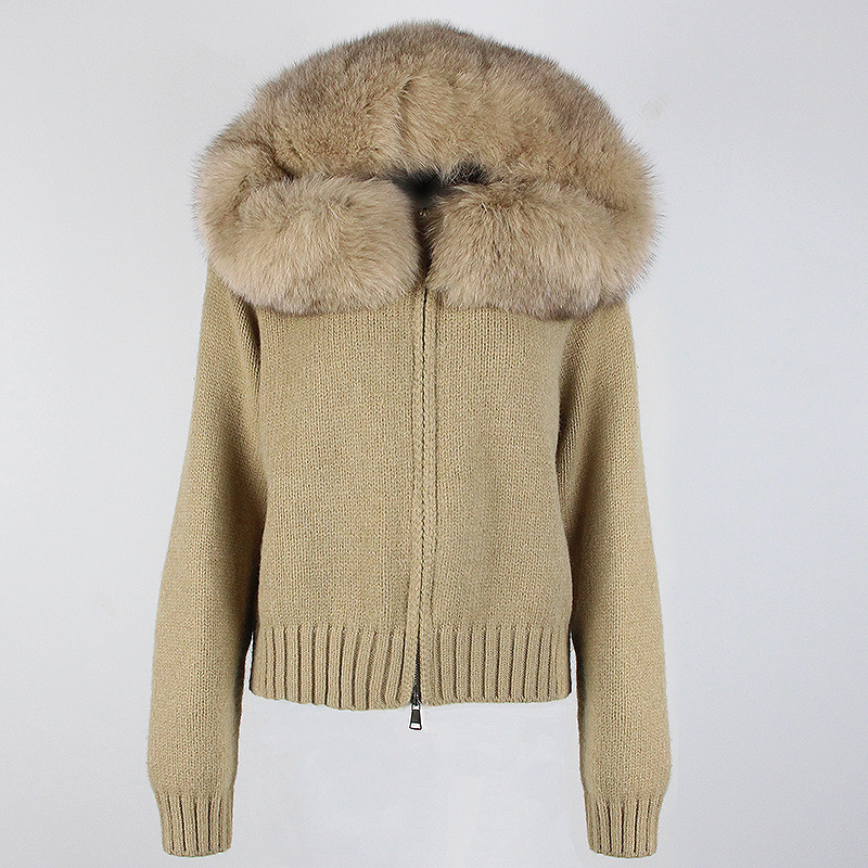 in stock Autumn and Winter New Casual Hooded Real Fox Fur Collar Fashion All-match Sweater Cardigan Fur Coat Women