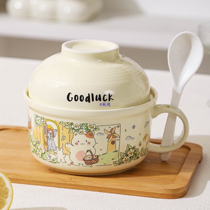 Instant Noodle Bowl for Students in Dormitory with Lid Ceramic Bowl Personal Lunch Box Canteen Rice Handle Noodle Bowl and Chopsticks Set