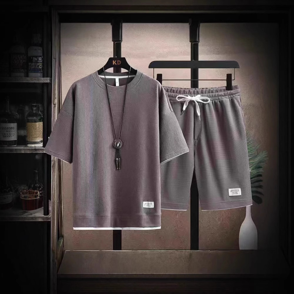 Men's Clothing Trendy Summer Fashion Waffle T-Shirt Loose Plus Size Thin Short Sleeved Tracksuit Style_viptrois.com