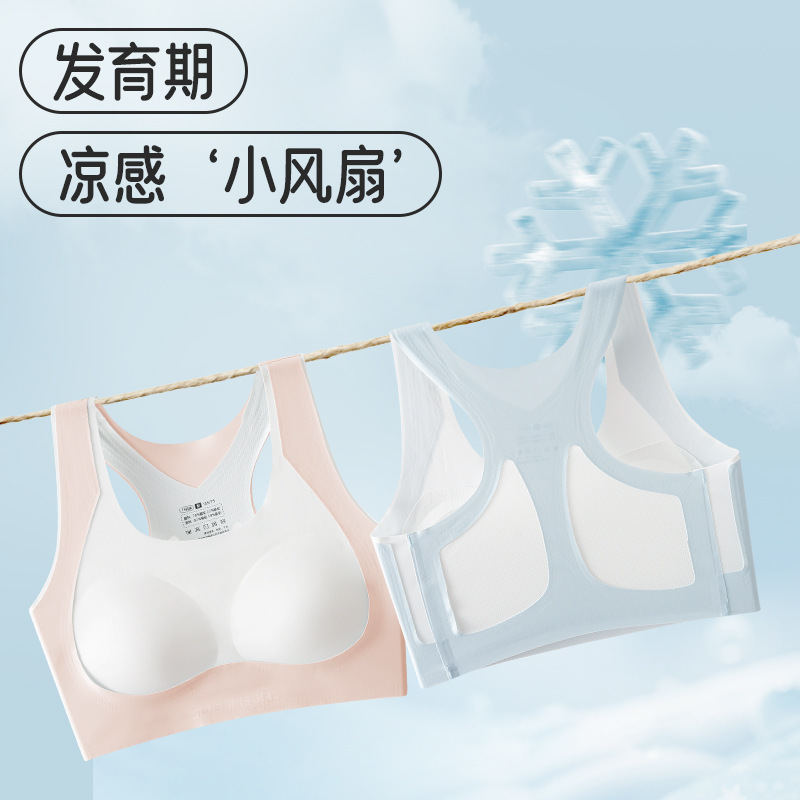 Cooling Small Fan Sports Bra for Developing Girls, Seamless Ice Silk Shockproof Anti-Sagging Three-Dimensional Support Bra for Women