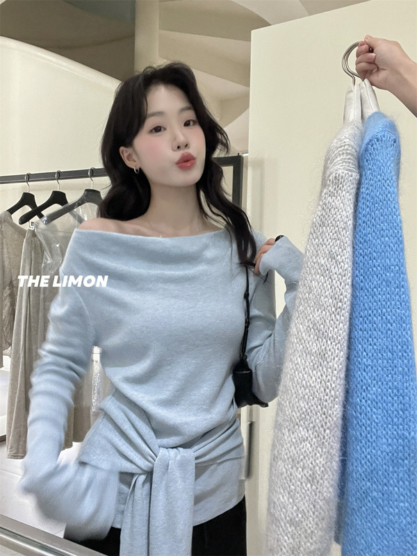 the limon柠檬绿茶2025秋季新款设计感系带露肩荡领针织衫女上衣|undefined