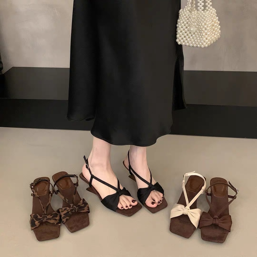 Niche French High Heels, Bow Sandals, Fairy Shoes, 2025 New Summer Style with Skirt, Roman Shoes