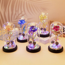 永生花玻璃罩玫瑰花金箔花带led灯情人节圣诞节礼物摆件仿真玫瑰