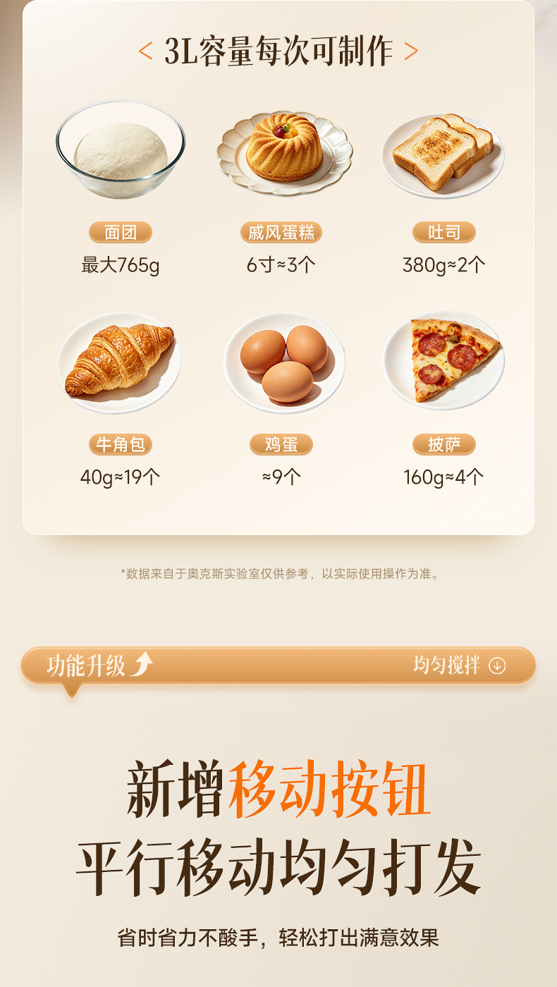 奥克斯AUX厨师机3L食物面团搅拌机和面机揉面机料理机多功能