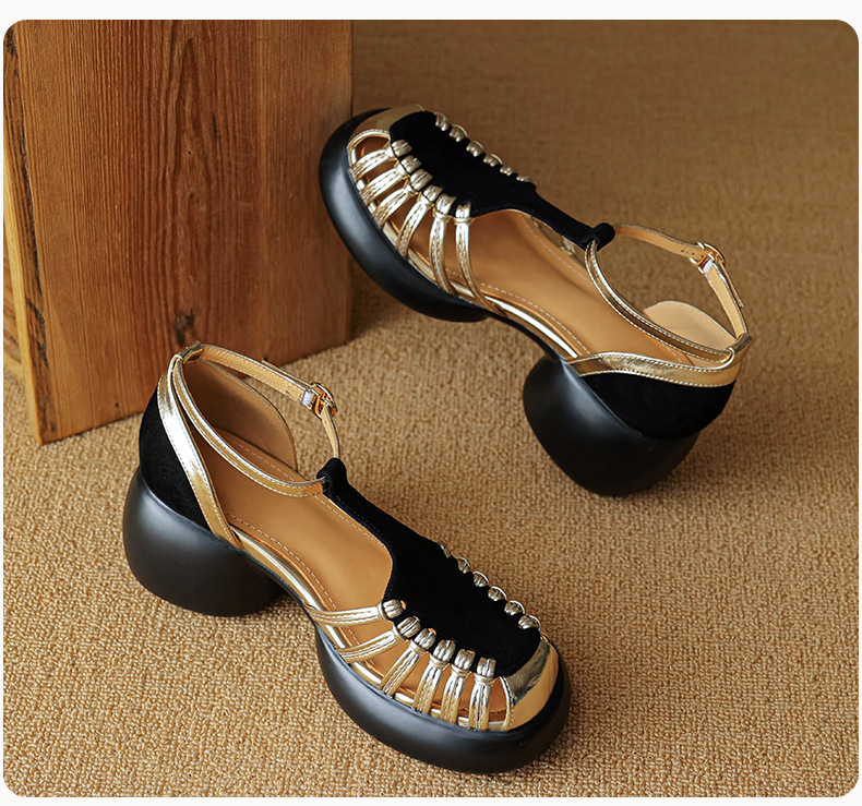Sandal nữ quai ngang dệt mảnh da lộn, gót vuông ổn định, đế dày ghép màu — Màu đen chi tiết 23