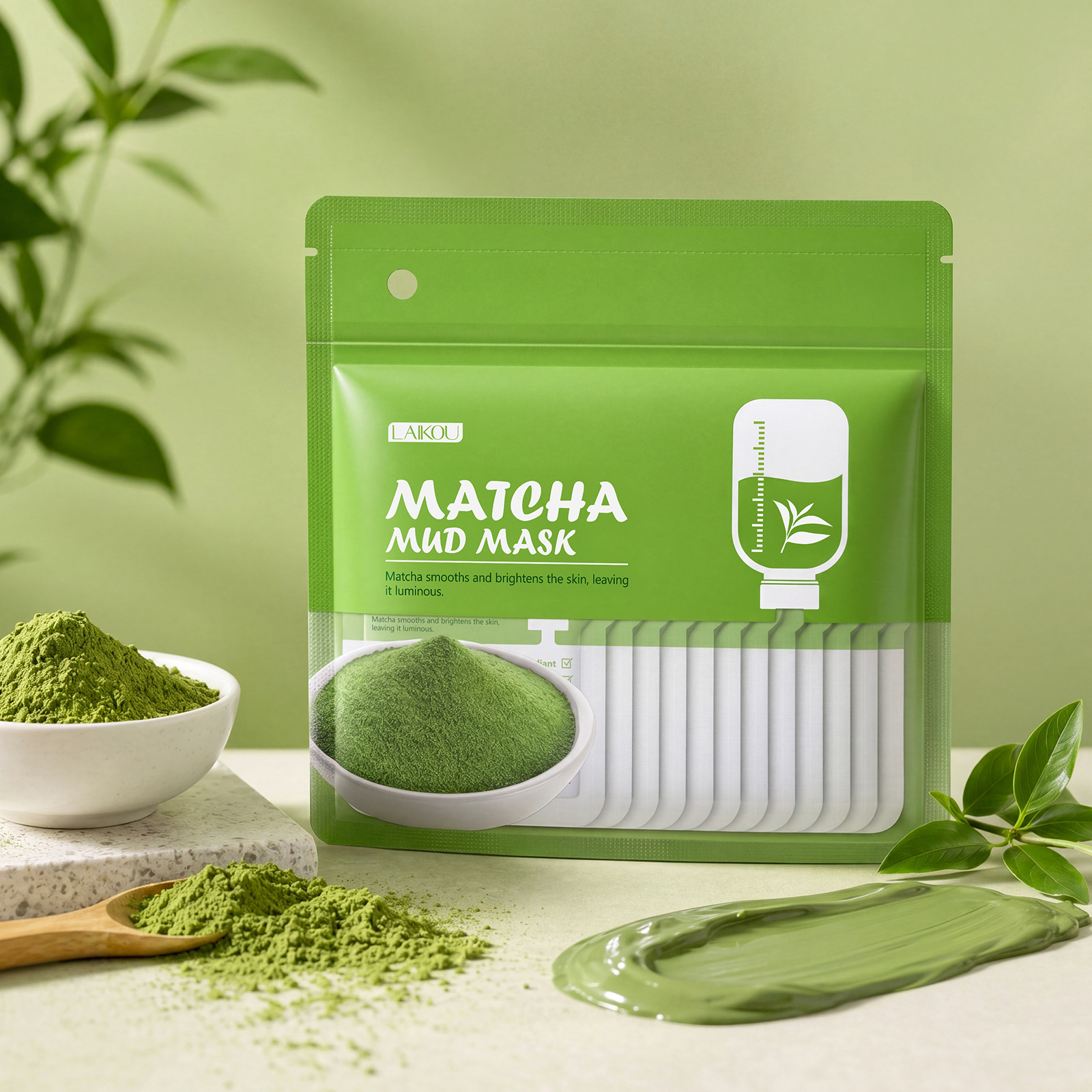 LAIKOU Mud Mask Bag Series (5g x 12 packs) - Matcha Export Mask, All English Language, In Stock Skincare Products