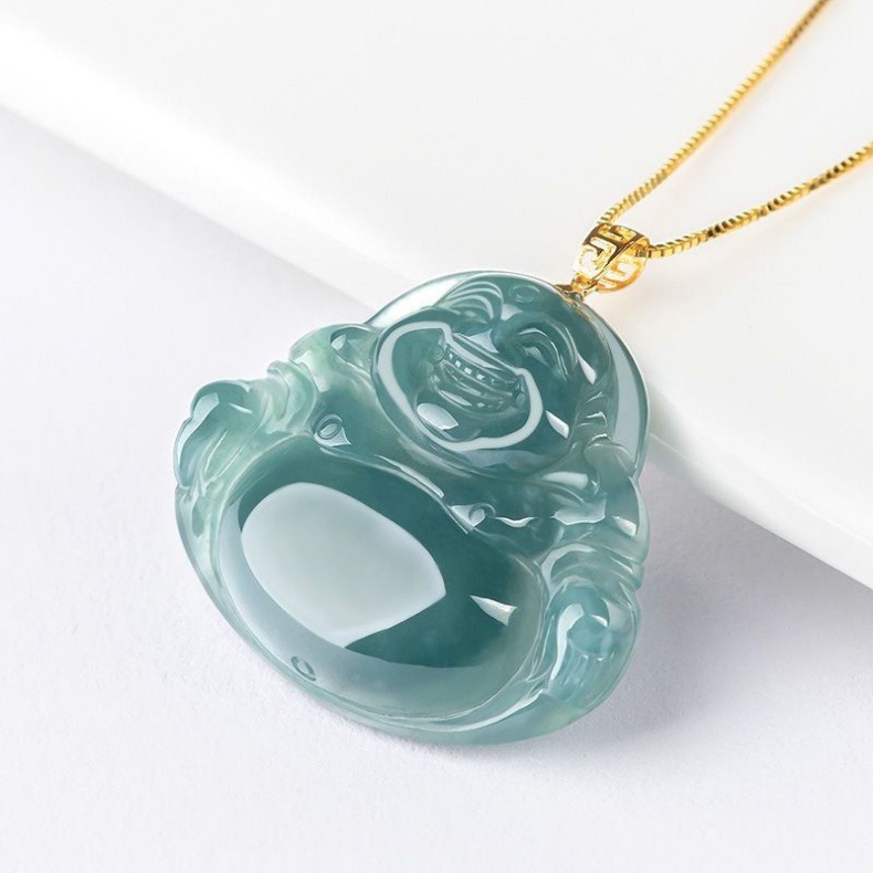Mặt dây chuyền ngọc bích tự nhiên A hàng Phật Di Lặc dát vàng 18K cho nữ chi tiết 3