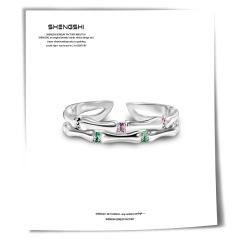 韓版ins風戒指女設計感小眾竹節鑲嵌彩鑽高級感開口個性指環飾品