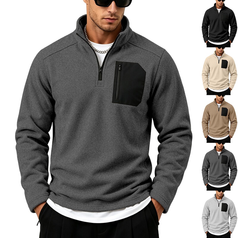 2026 cross-border European and American autumn and winter men's new heavyweight fleece-lined casual cationic zipper pullover sweatshirt