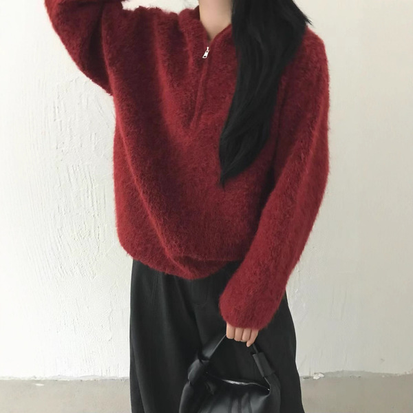 Red velvet knitted demi-season fashionable warm long-sleeve with…