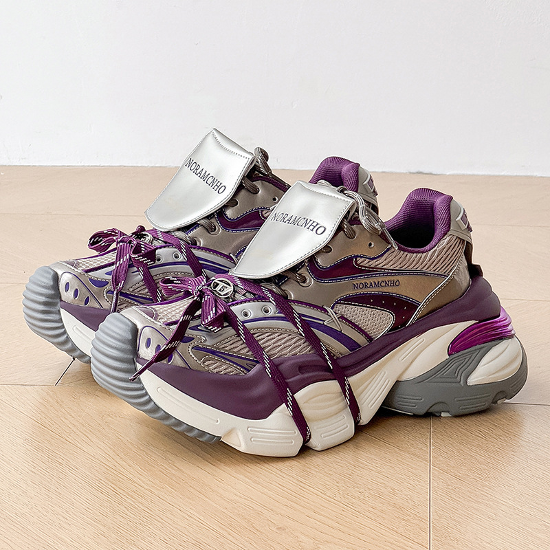 紫色绑带老爹鞋男女款小众解构厚底增高情侣运动休闲鞋潮