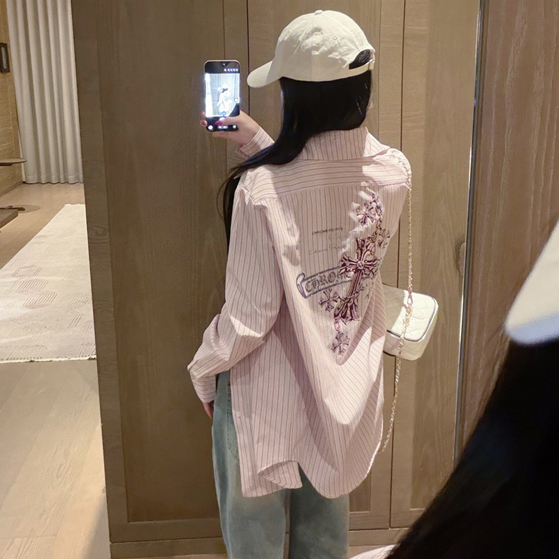 Korean-Style Ins-Style Pink Striped Shirt for Women with Rhinestones on the Back, Loose Fit, Slimming, Versatile Shirt Jacket