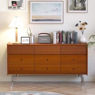 Nordic Retro Solid Wood Chest of Drawers Living Room Storage Side Cabinet Bedroom Bedside Small Apartment Storage Cabinet with Drawers Medieval