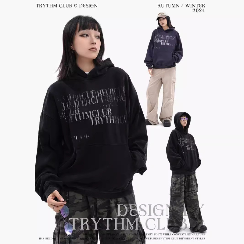 TRYTHMCLUB American Style Retro Gradual Slogan Alphabet Print Relaxed Hooded Sweat Fashion Brand Loose Hip Hop TRYTHMCLUB American Style Retro Gradual Slogan Alphabet Print Relaxed Hooded Sweat Fashion Brand Loose Hip Hop