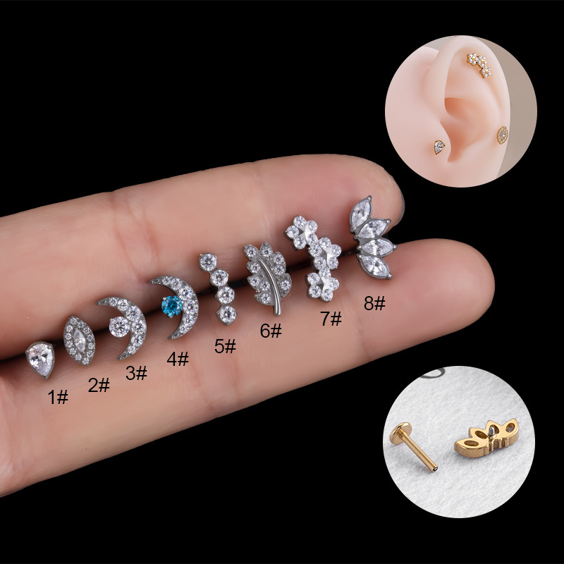 4g Weight Zircon Inlay Material Ear Studs Classification 1 Piece Ear Cartilage Rings & Studs Fashion Leaf Moon Flower Pure Titanium Inlaid Zircon