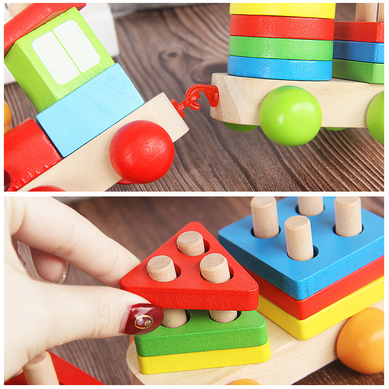 Tren de oruga de madera Tractor de remolque de madera Forma geométrica de madera Trailer de columna Juguetes educativos de iluminación para niños