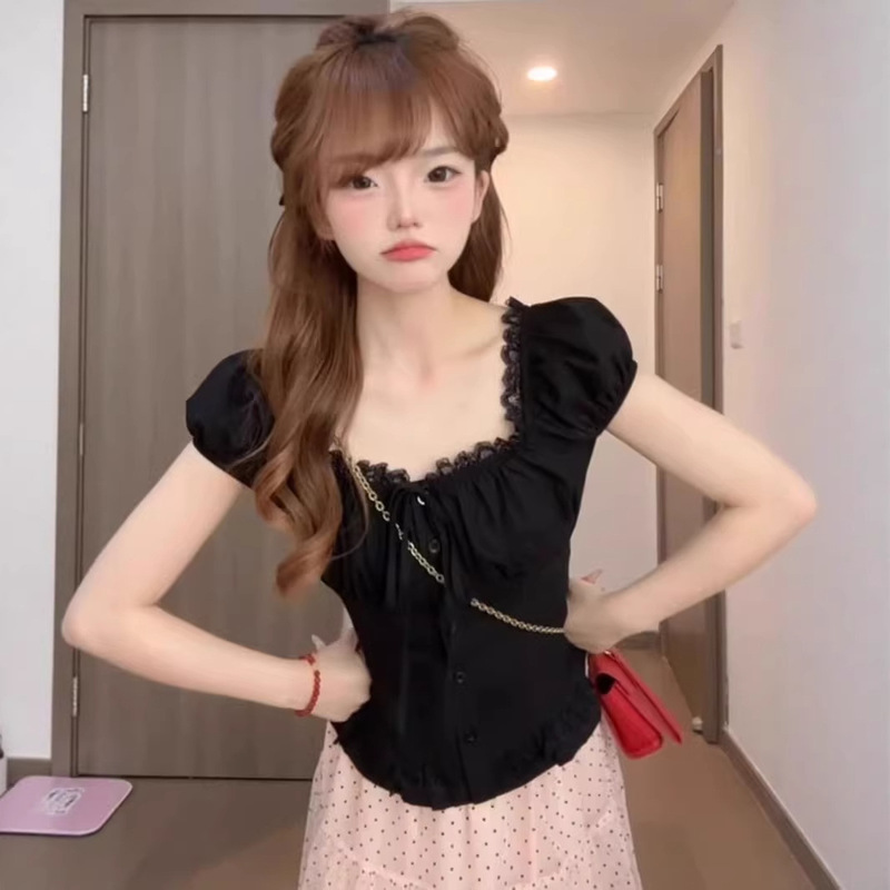 Korean-Style Sweet Black Lace Patchwork Off-Shoulder Short-Sleeve Shirt for Women, 2026 Summer Slim-Fit Fashion Slimming Top