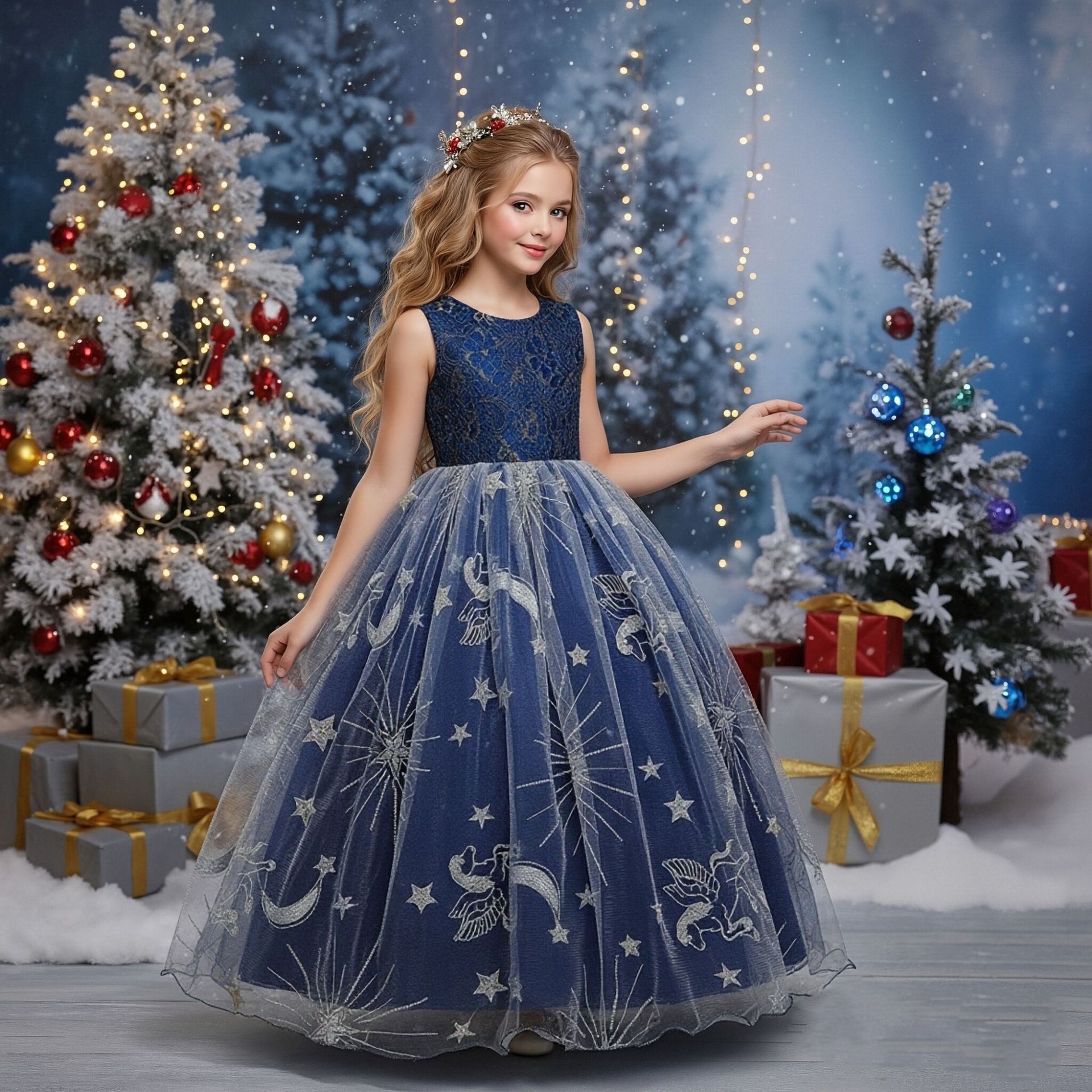 (Cross-border trading), children's dress, starry sky, long skirt, with embroidery, Birthday gift 2