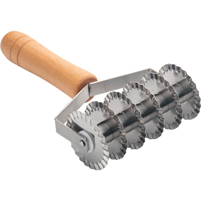 Cuchillo de rueda de pizza de acero inoxidable con mango de madera Cortador de fideos de 6 ruedas Cortador de pastel de múltiples ruedas Corte de harina Corte de freidora