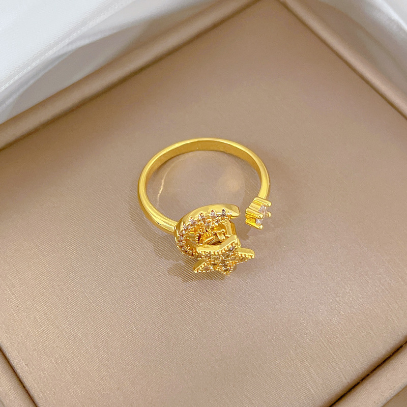 Anello con stella e luna rotanti, mito, apertura regolabile, gioiello semplice giapponese, anello per coppie_voghion.com