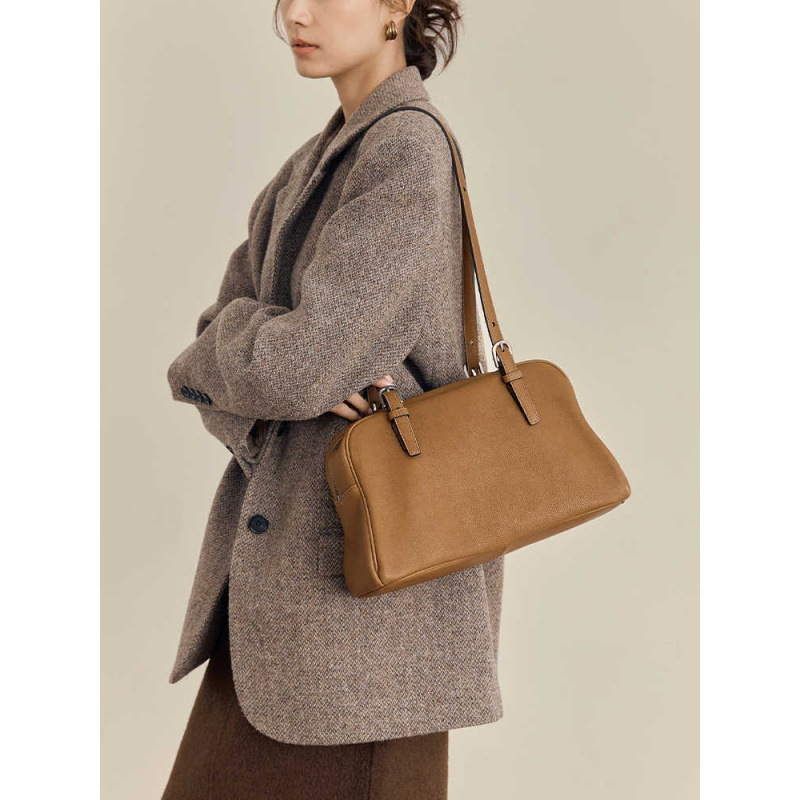 New Vegetable-Tanned Leather Luxury Bowling Bag For Women - Spring Retro Large Capacity Commuter Shoulder Handbag - Thumbnail 3