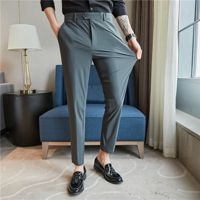 Live Broadcast with Goods Men's Summer Ice Silk Thin Non-ironing Cropped Pants Tight-fit Large Elastic Pinstripe Pants