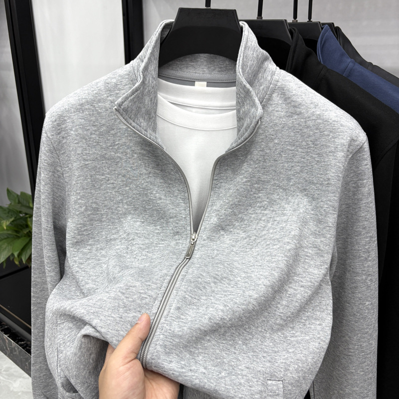 Solid Color Long-Sleeved Cotton-Containing Stand-Collar Men's High-End Jacket 2026 Spring New Fashion Zipper Jacket for Men