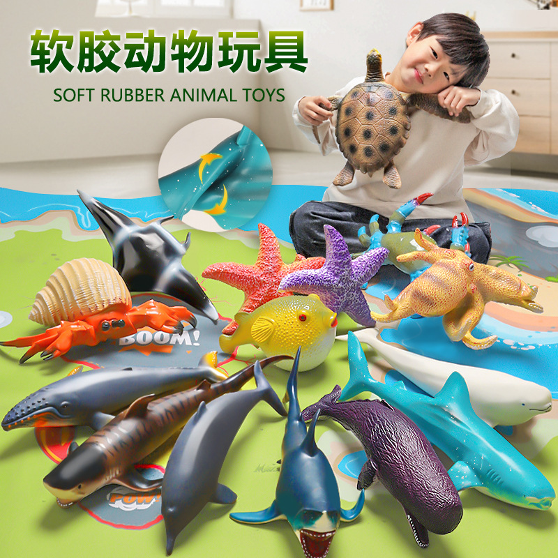 Dolphin, animales marinos, grandes juguetes de tiburón, juguetes de goma suave de simulación, juguetes para niños, modelos de ballenas del mundo submarino al por mayor