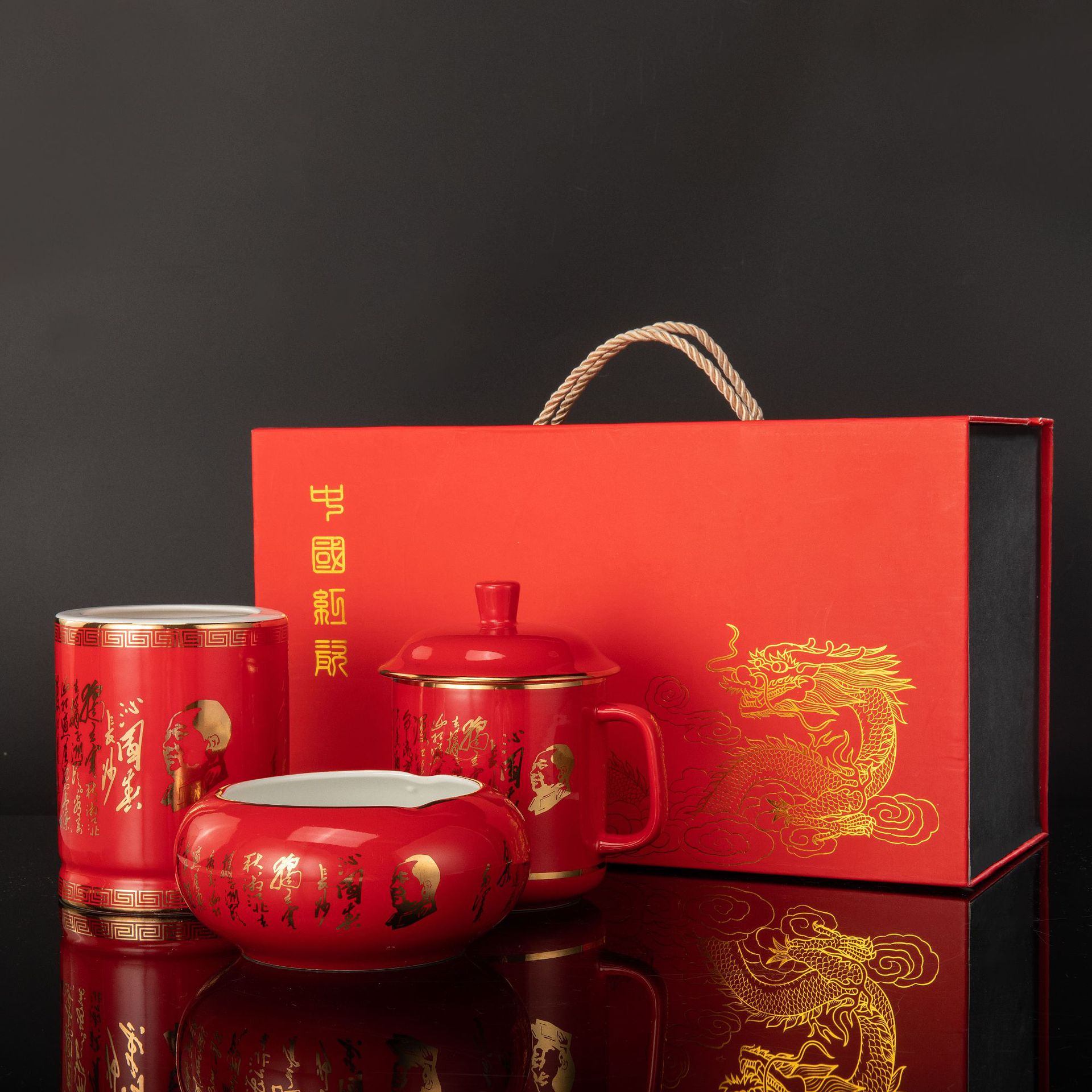 中国红瓷杯喜庆陶瓷泡茶杯带盖骨瓷水杯会议礼品办公室杯子印LOGO