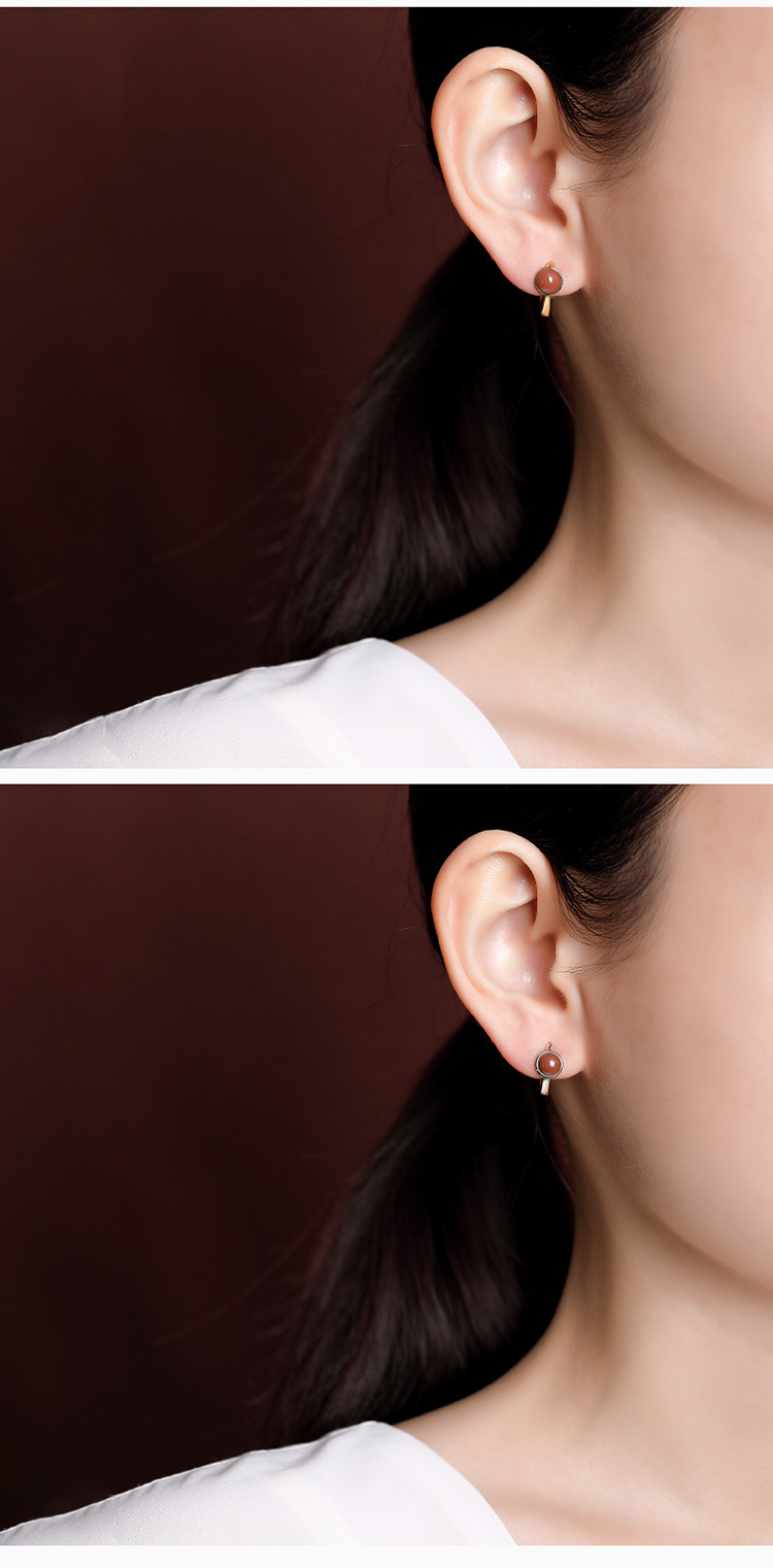 Bông tai kẹp tai nữ bạc S925 mạ vàng đính đá jasper đỏ hình hạt tròn phong cách đơn giản — Kiểu jasper màu bạc chi tiết 17