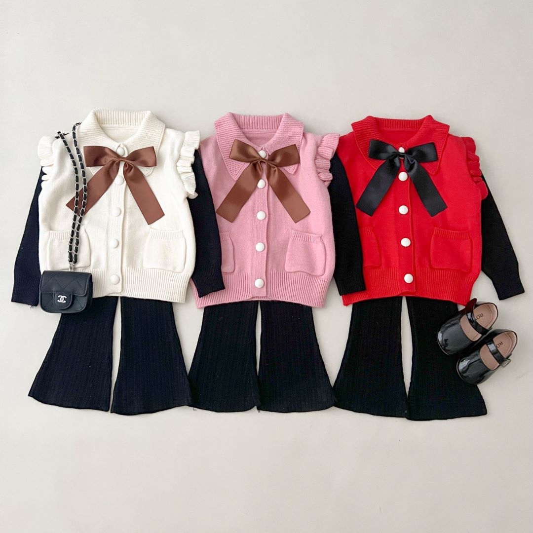 JINYONG Girls' Sweater New Fashionable Long sleeved Western Knitted Top Flare Pants Children's Two Piece Set_voghion.com