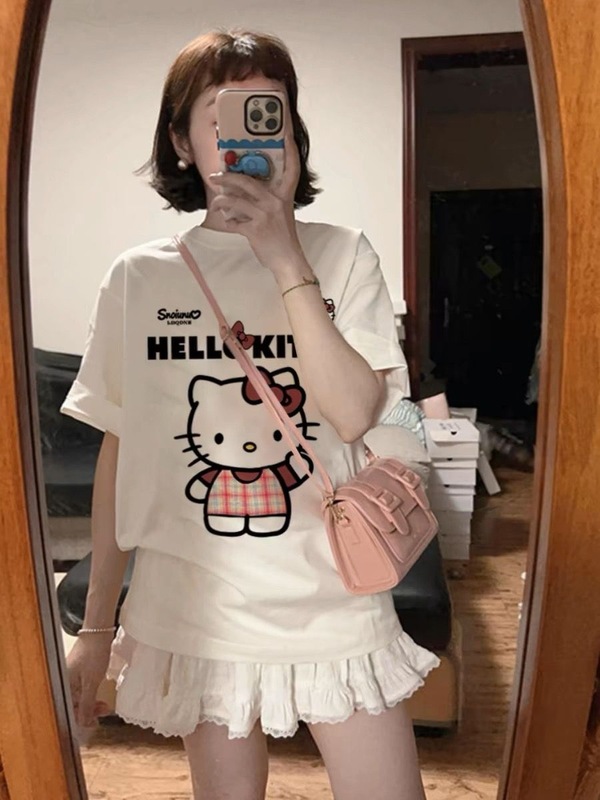 日本の夏の作業服純綿半袖 Tシャツ女性用キティハローキティプリント半袖 Tシャツ面白いトップス|undefined