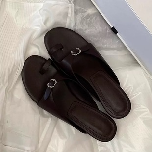Cowhide Version ~ Retro Niche Set Toe Sandals and Slippers Women's Outfit 2025 Summer Belt Buckle Low Heel Sandals