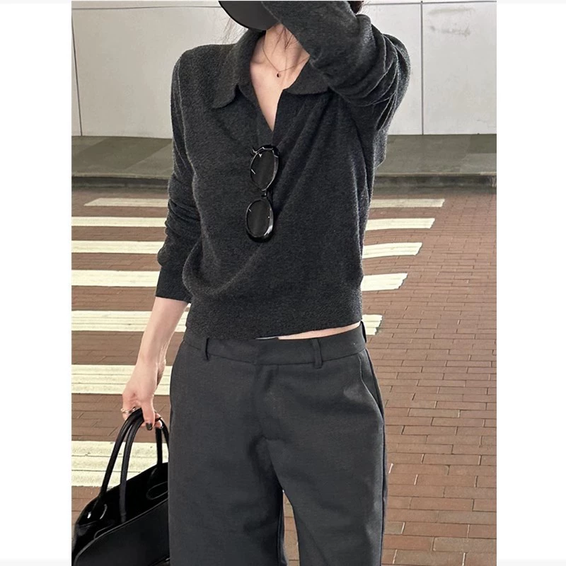 Винтажный старый денежный свитер с V-образным вырезом женский осень-зима 2024 новый премиум смысл рубашка POLOP серый шерстяной свитер