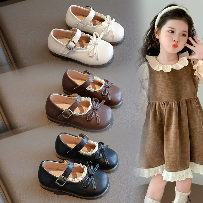 Детские кожаные туфли 2026 года, весна-осень, новинка, корейский стиль, универсальные туфли-принцессы с бантом, мягкая подошва для девочек, детские туфли
