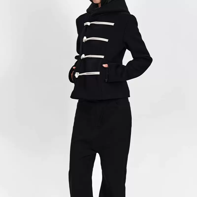 现货RAREL牛角扣短款连帽呢外套 黑色新中式盘扣秋冬修身外套